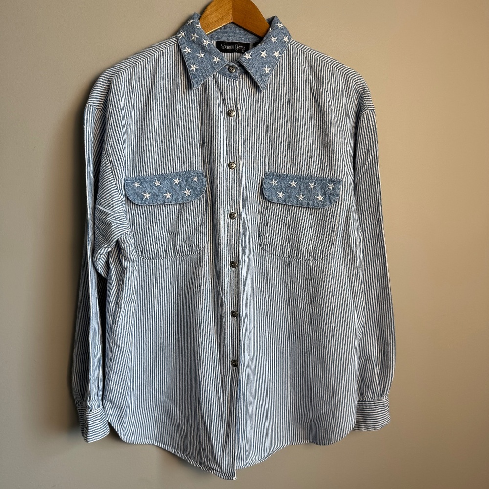 Vintage Lemon Grass Womens Striped‎ Denim Button Up Shirt Blue/White Large Train